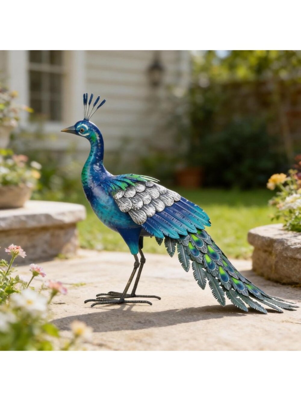 Vibrant Metal Peacock Statue - Stunning Garden Decor & Outdoor Sculpture, Blue